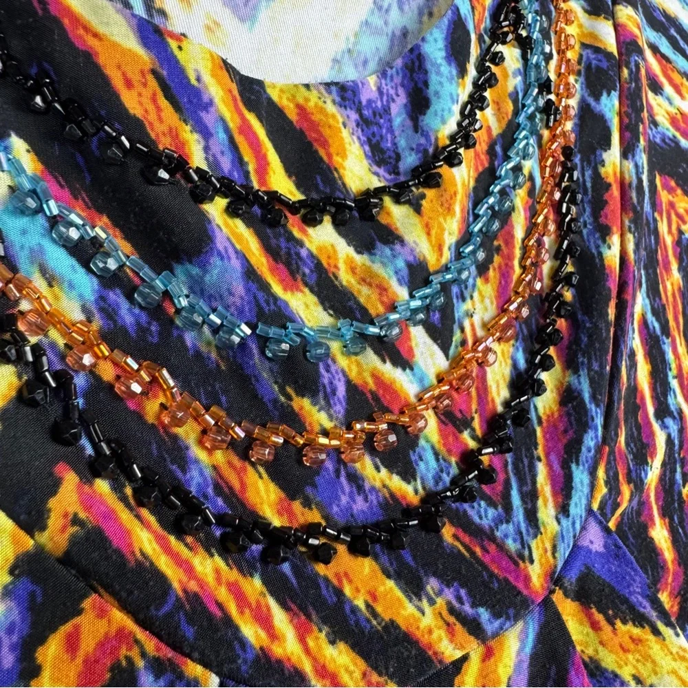 Mechant Dress Womens L Large Multicolor Zig Zag 3/4 Sleeves‎ Stretch Knee Length